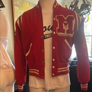 Vintage 1960’s Speedline Red Varsity Jacket Football Patch Sz 42 Leather Wool GV